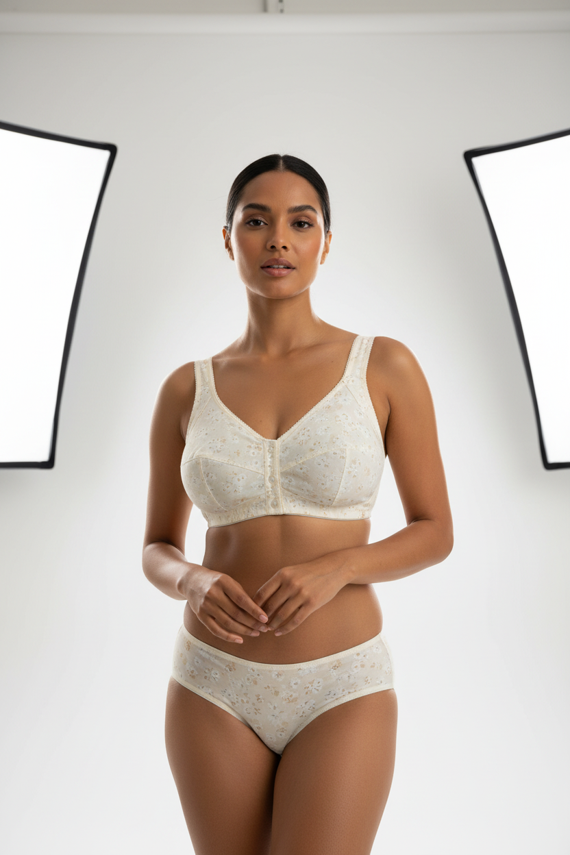 Cream floral front-open bra and brief set worn by model – Safira Fashion
