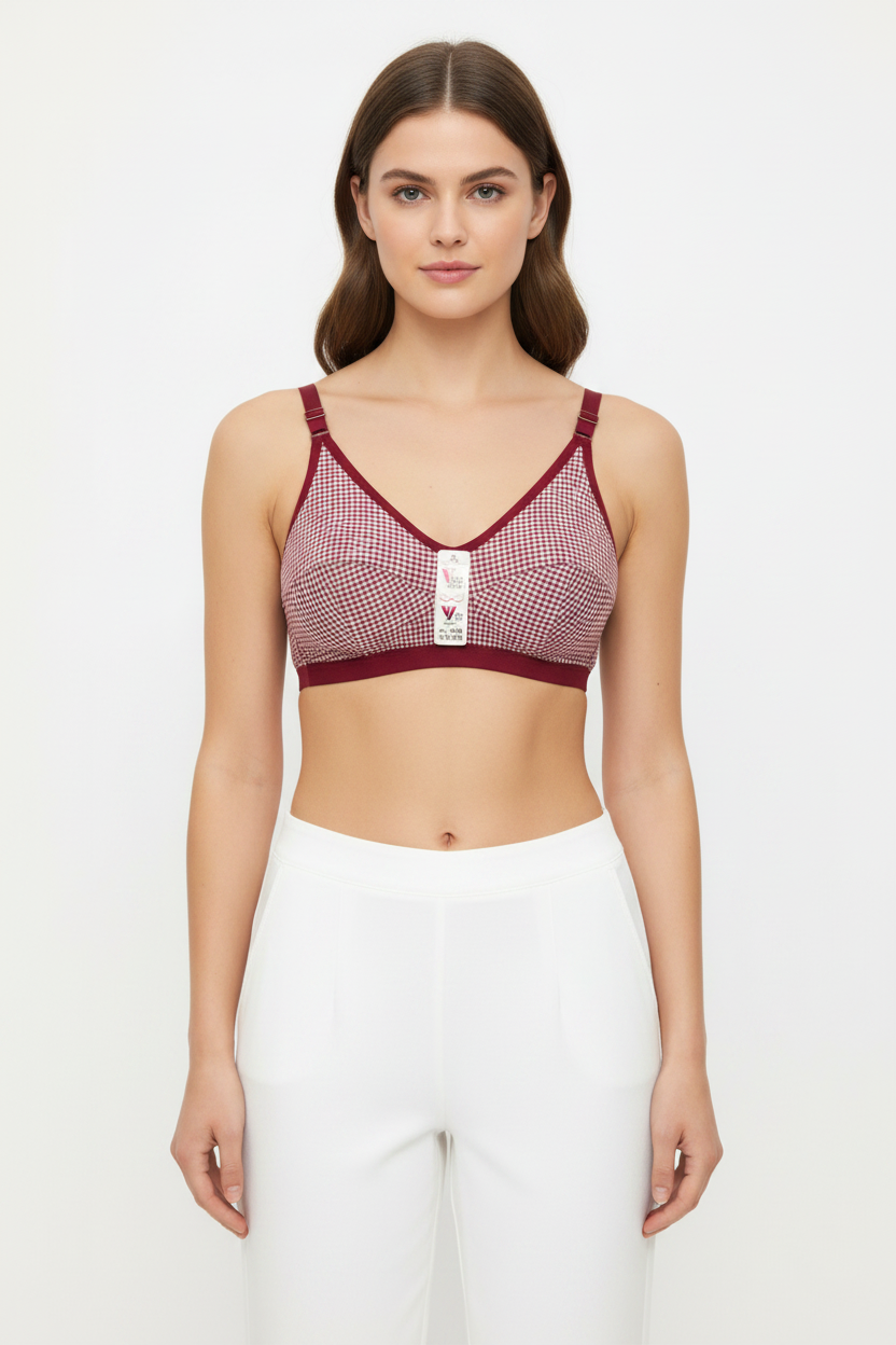 Maroon check cotton soft cup bra worn by model – Safira Fashion