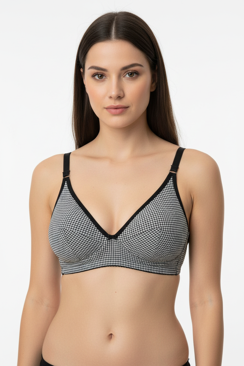 Black and white houndstooth soft cup bra worn by model – Safira Fashion