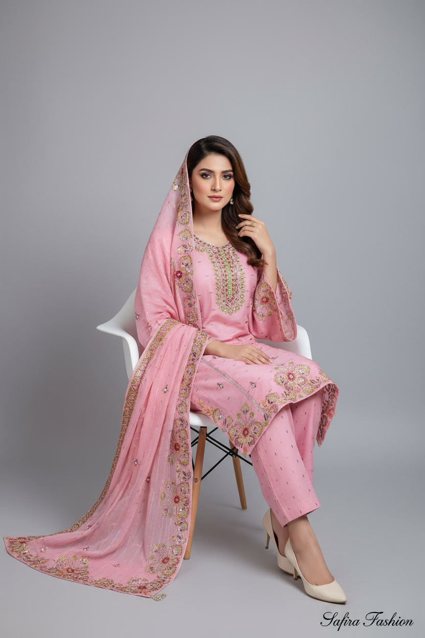 Pink Floral Embroidered 3-Piece Lawn Suit Stitchable