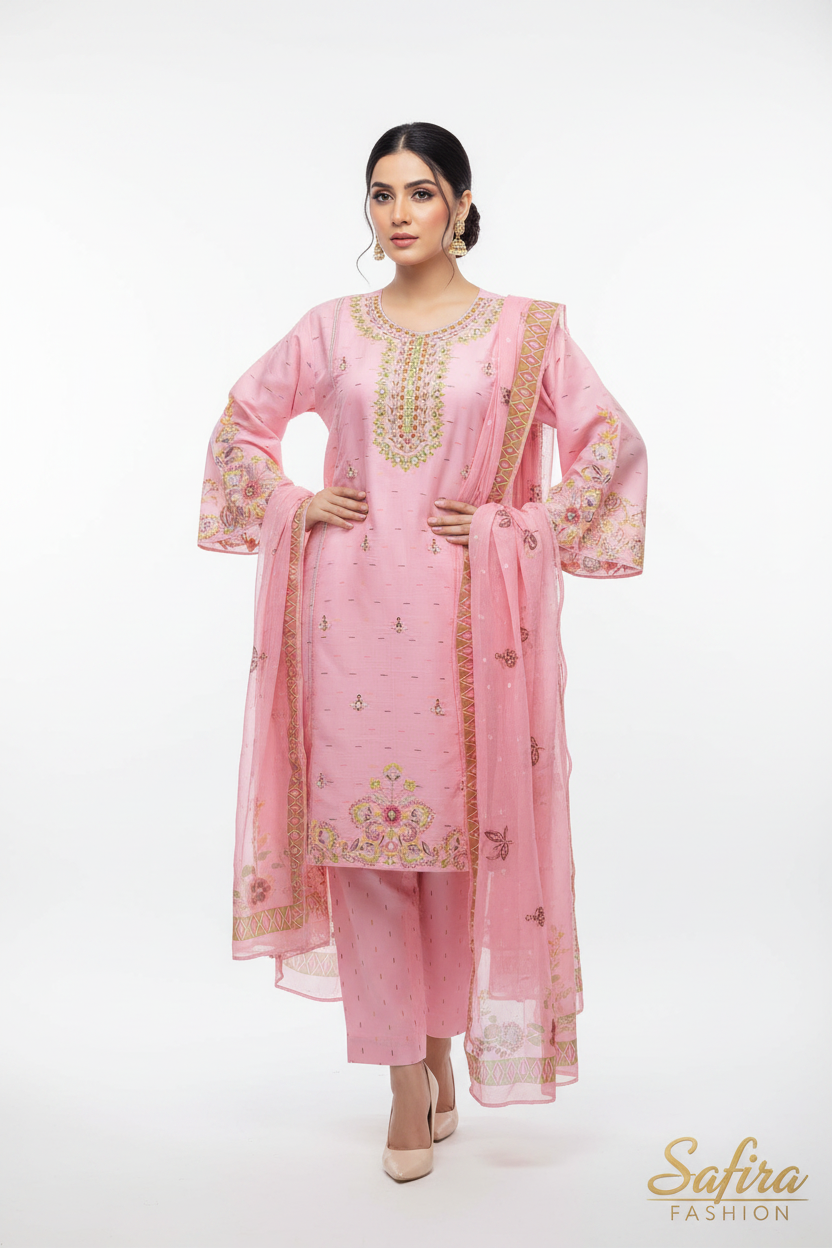 Pink Floral Embroidered 3-Piece Lawn Suit