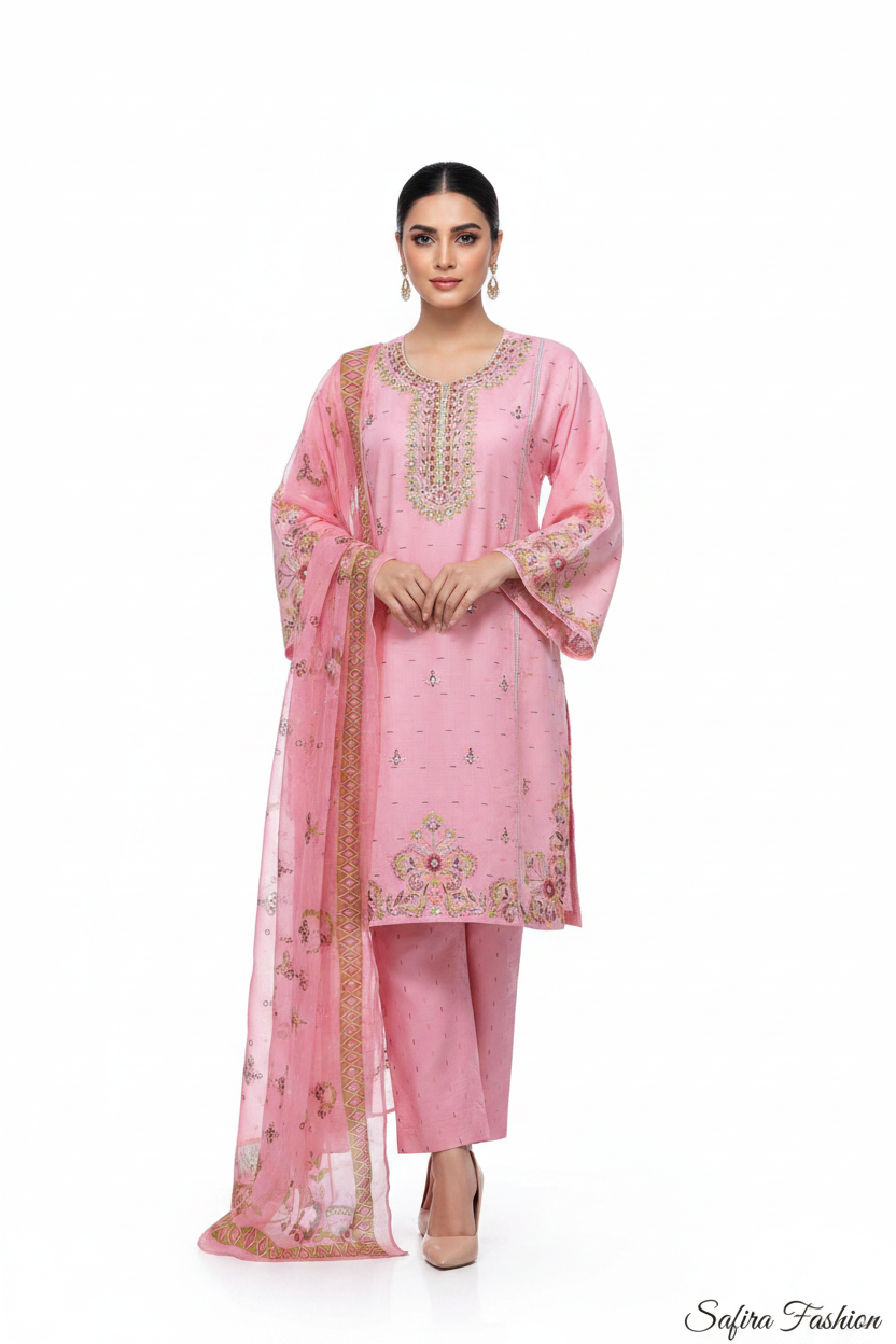 Pink Floral Embroidered 3-Piece Lawn Suit Stitchable