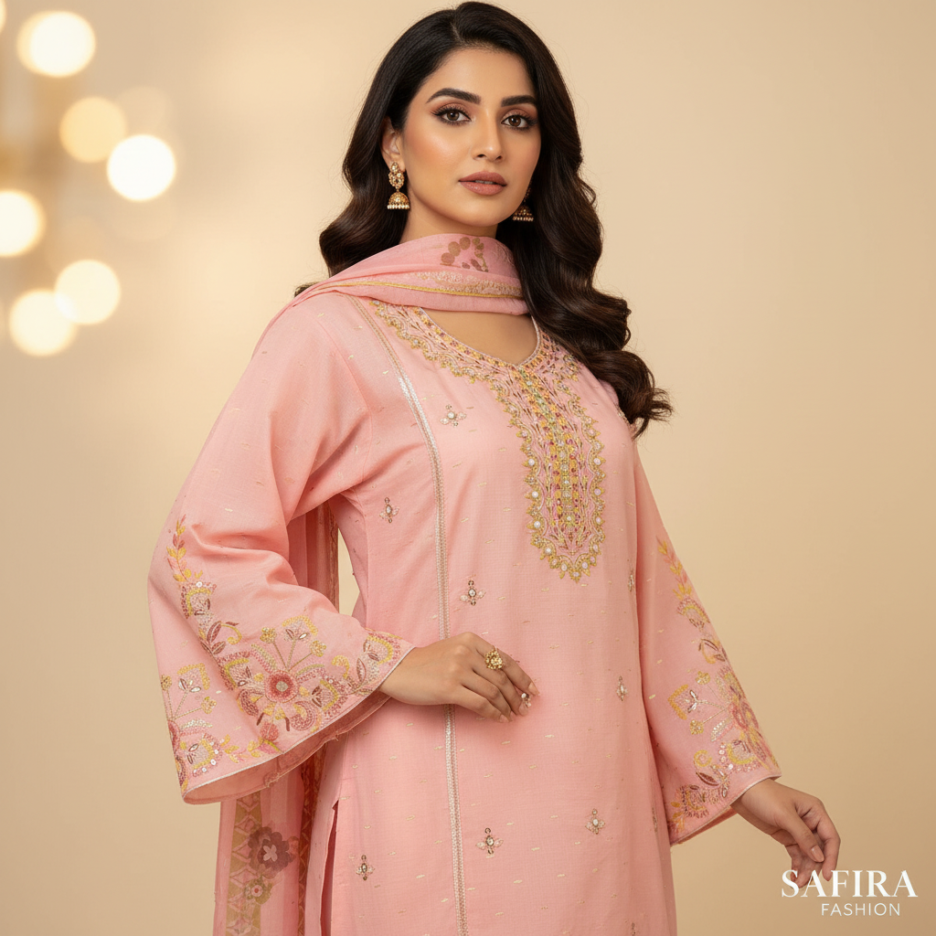 Pink Floral Embroidered 3-Piece Lawn Suit Stitchable