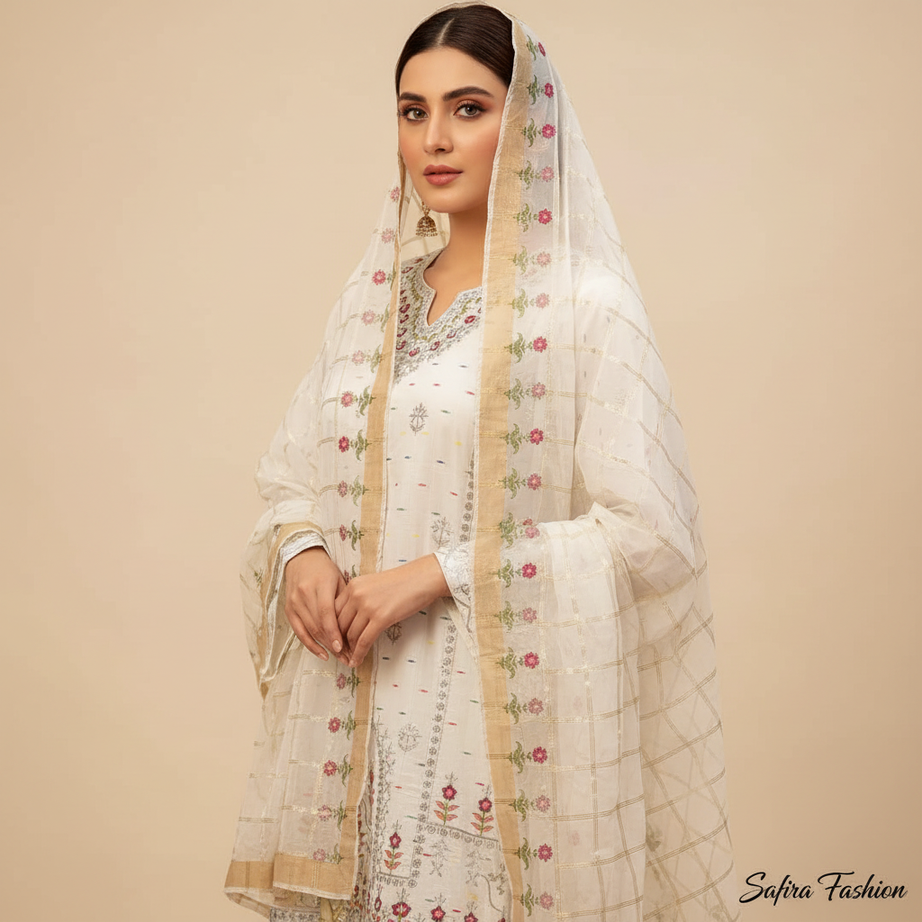 White Floral Embroidered 3-Piece Lawn Suit