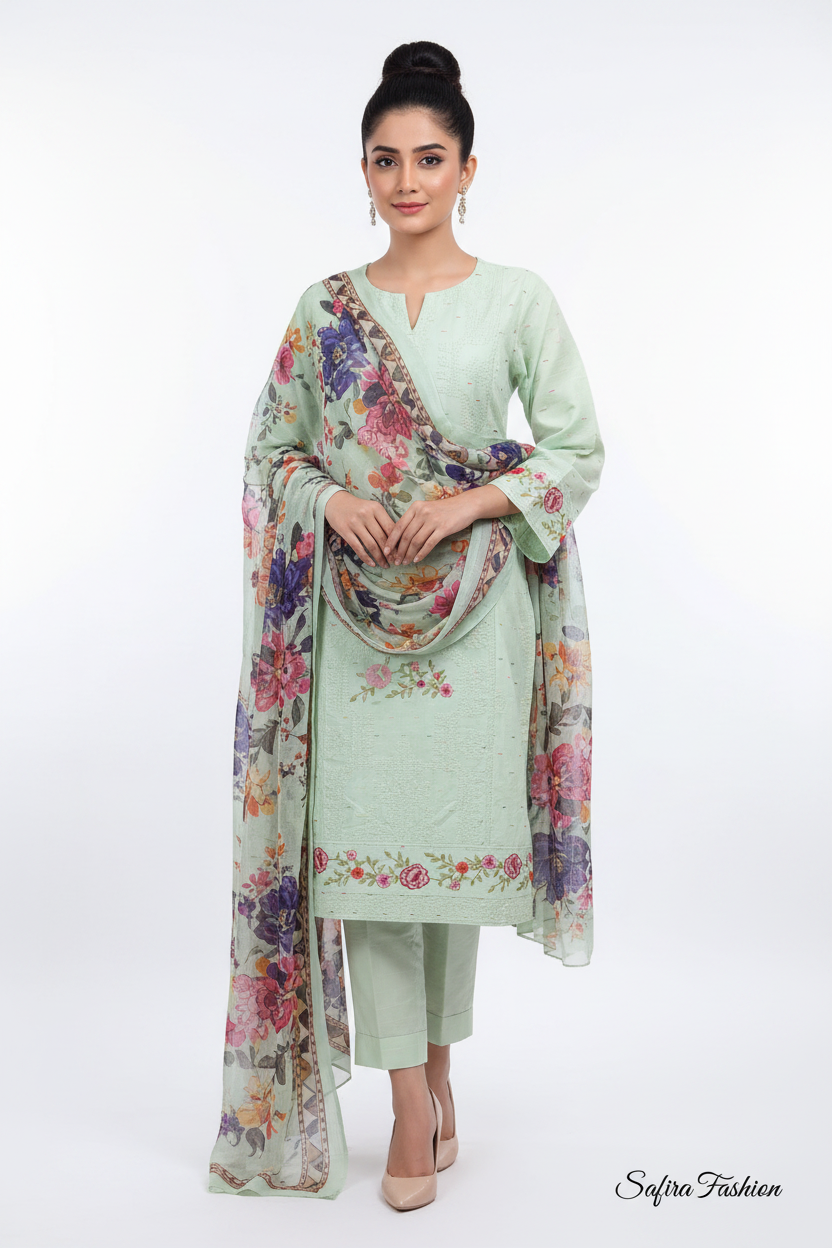 Pista Green Floral Embroidered 3-Piece Lawn Suit Stitchable