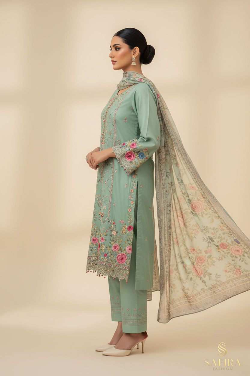 Pista Green Floral Embroidered 3-Piece Lawn Suit Stitchable
