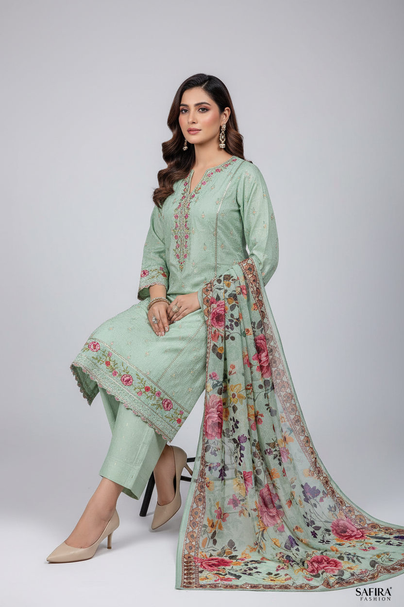 Pista Green Floral Embroidered 3-Piece Lawn Suit Stitchable