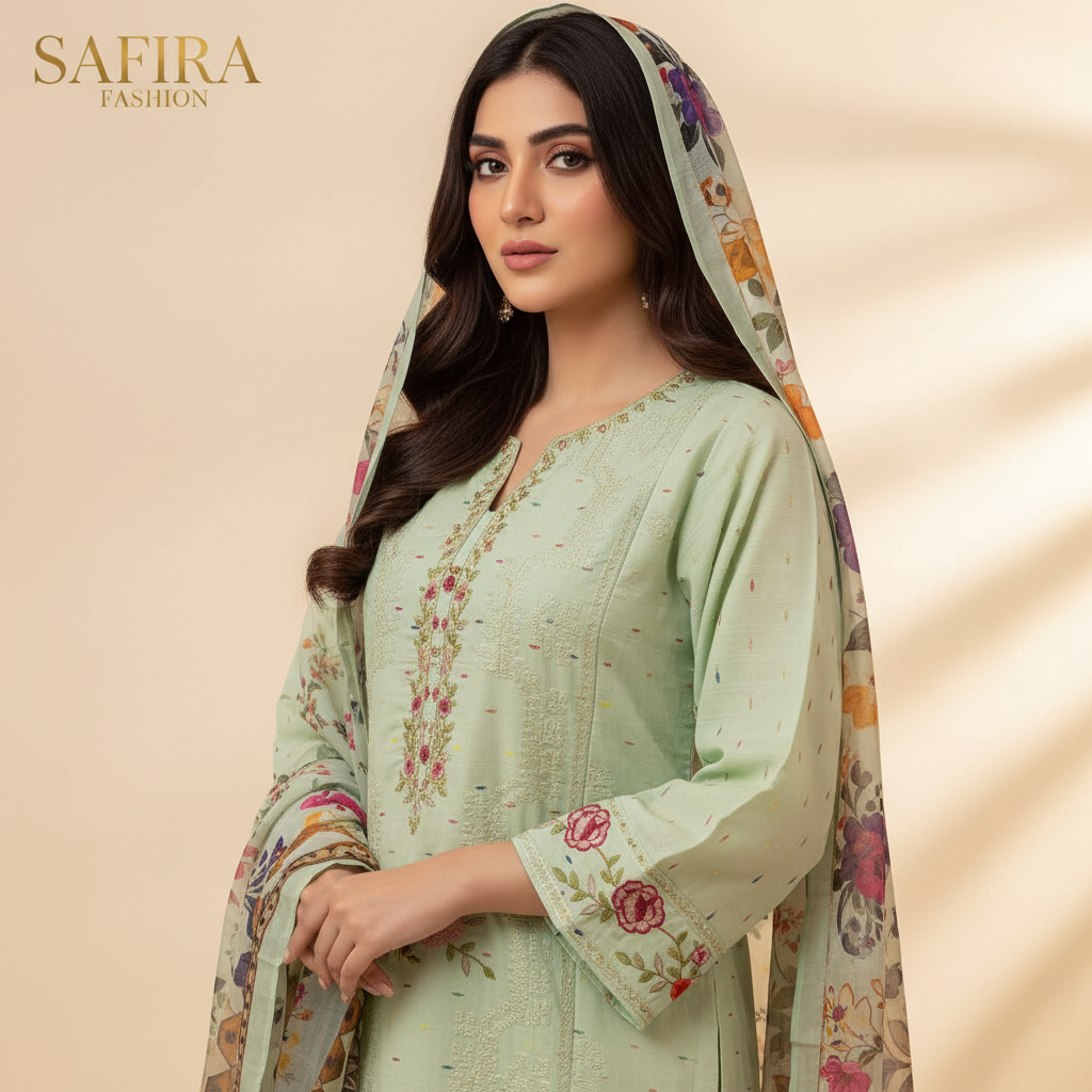 Pista Green Floral Embroidered 3-Piece Lawn Suit Stitchable