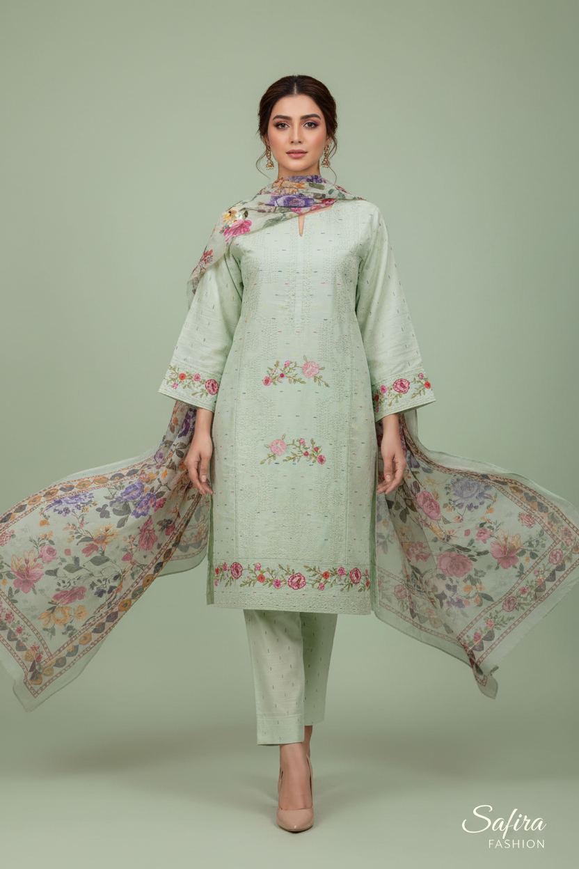 Pista Green Floral Embroidered 3-Piece Lawn Suit Stitchable
