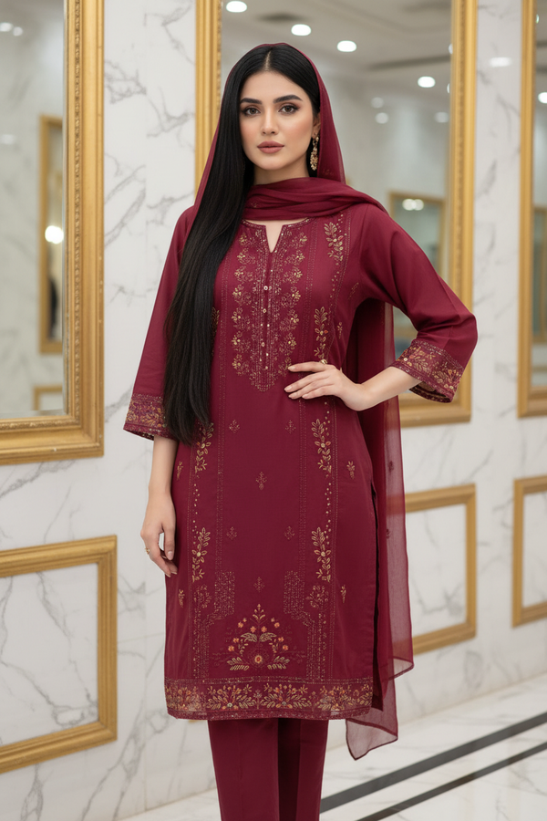 Red Floral Embroidered 3-Piece Lawn Suit