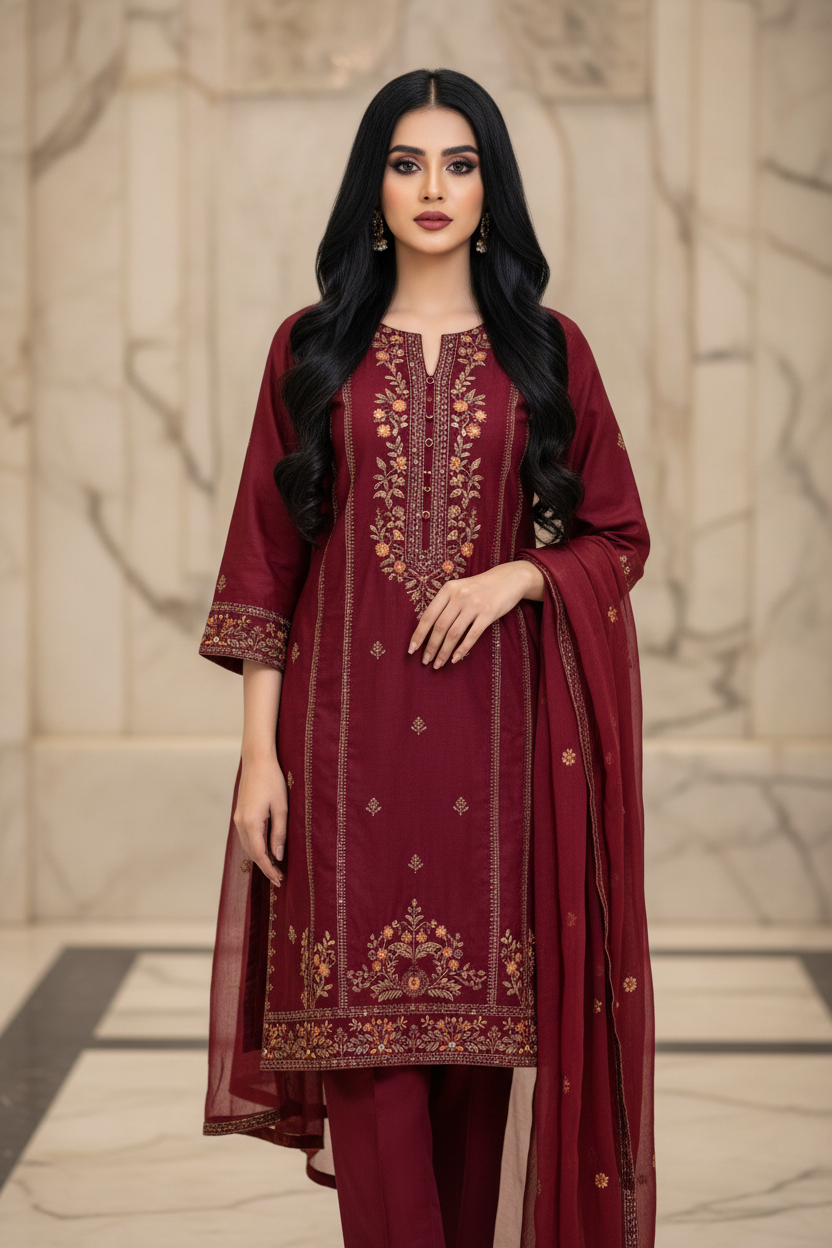 Red Floral Embroidered 3-Piece Lawn Suit Stitchable