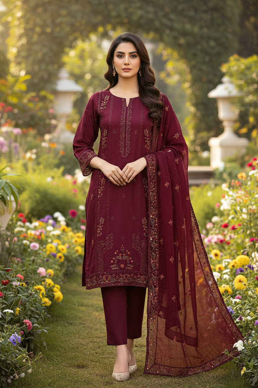 Red Floral Embroidered 3-Piece Lawn Suit Stitchable