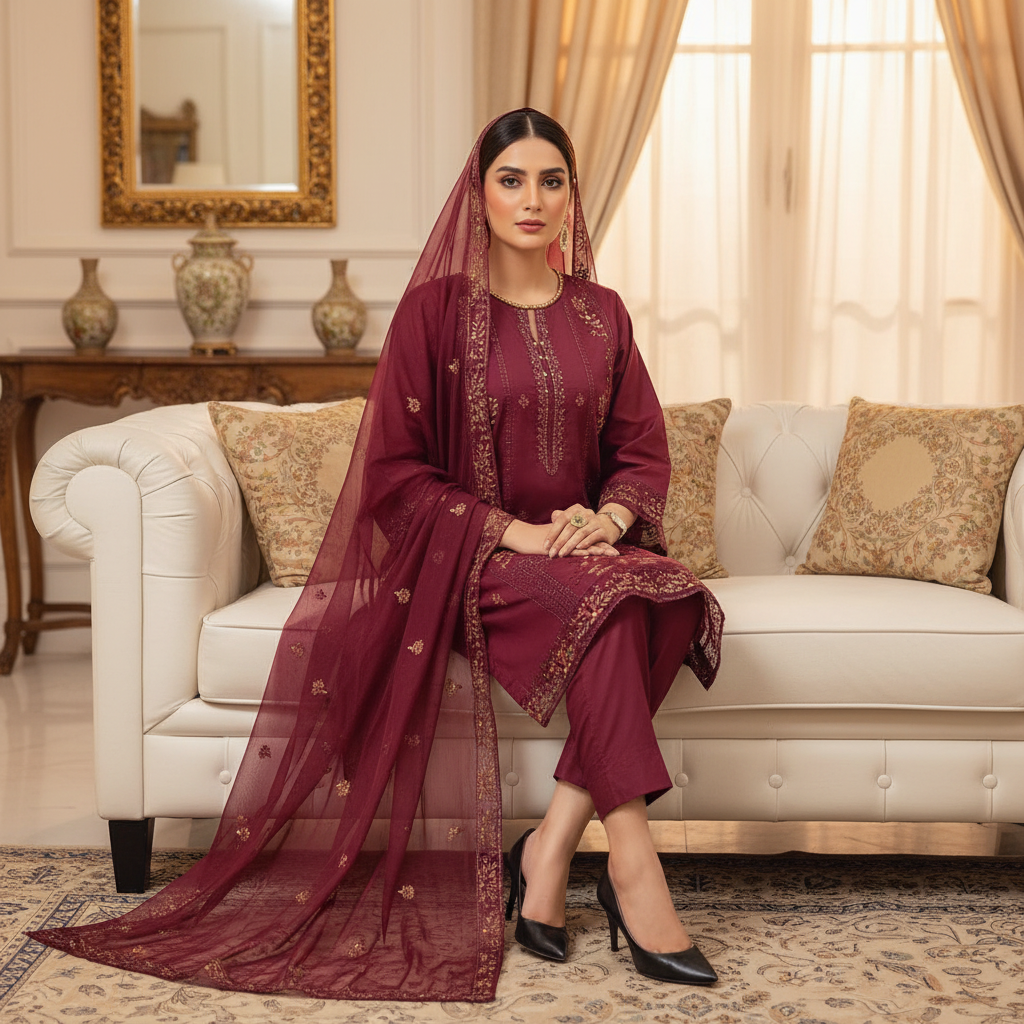 Red Floral Embroidered 3-Piece Lawn Suit Stitchable