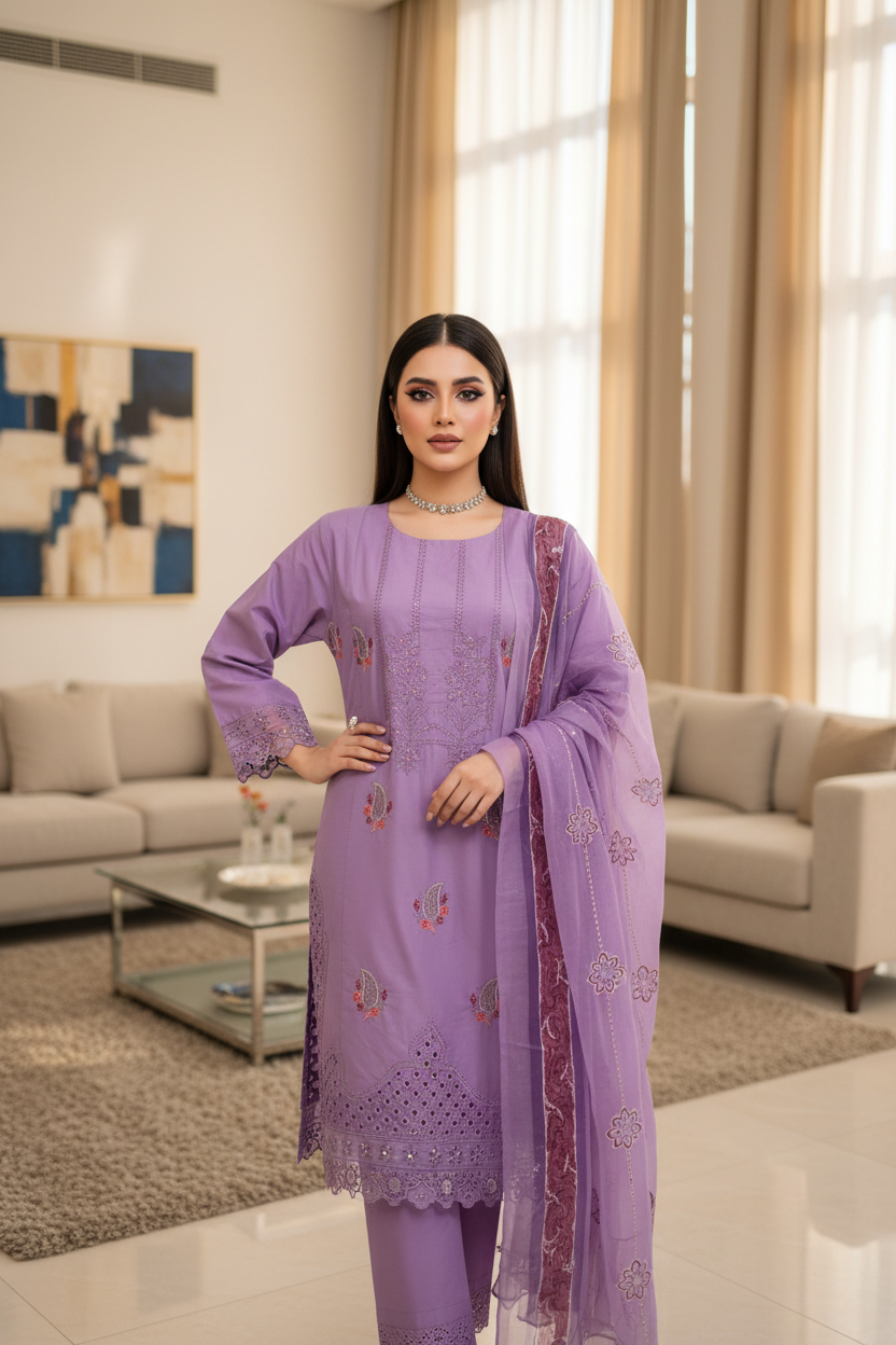 Purple Floral Embroidered 3-Piece Lawn Suit Stitchable