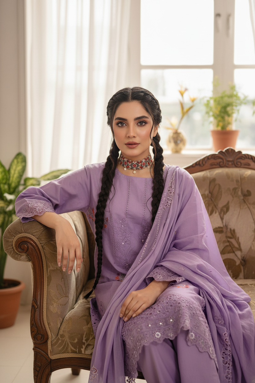Purple Floral Embroidered 3-Piece Lawn Suit Stitchable