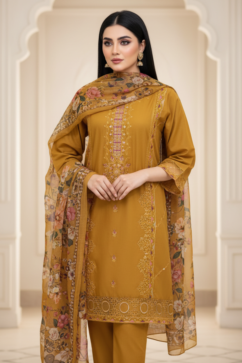 Yellow Floral Embroidered 3-Piece Lawn Suit