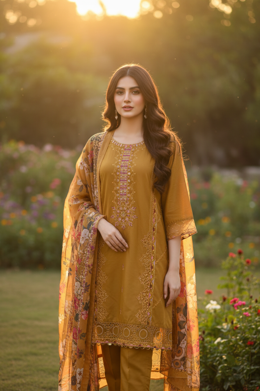 Yellow Floral Embroidered 3-Piece Lawn Suit Stitchable