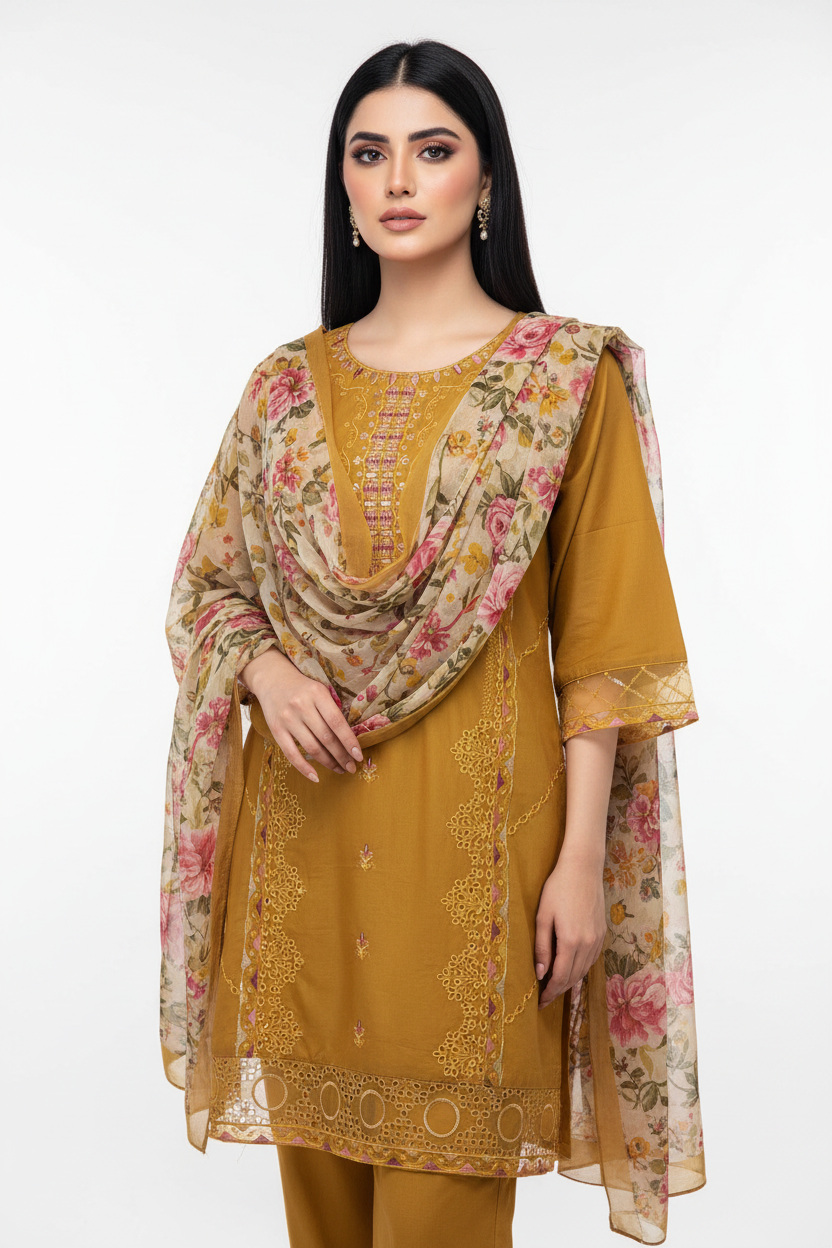 Yellow Floral Embroidered 3-Piece Lawn Suit Stitchable