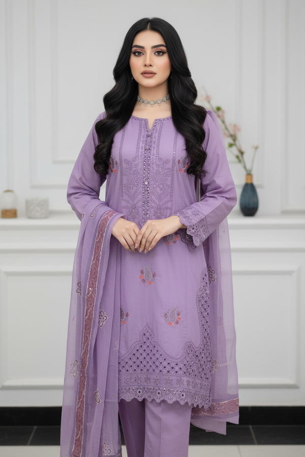 Purple Floral Embroidered 3-Piece Lawn Suit