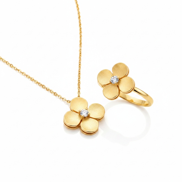 Gold Floral Pendant Necklace and Ring Set
