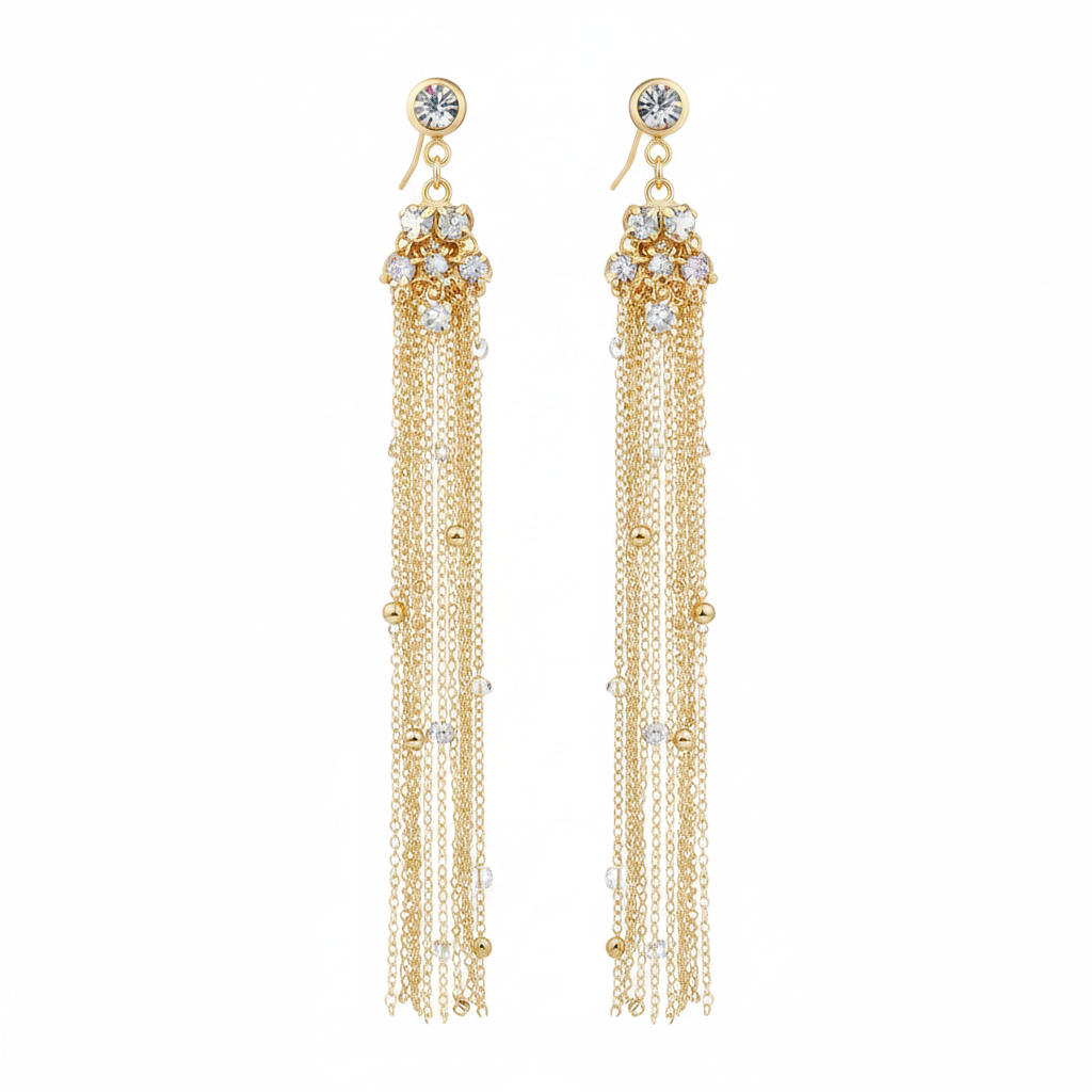 Gold Crystal Tassel Drop Earrings