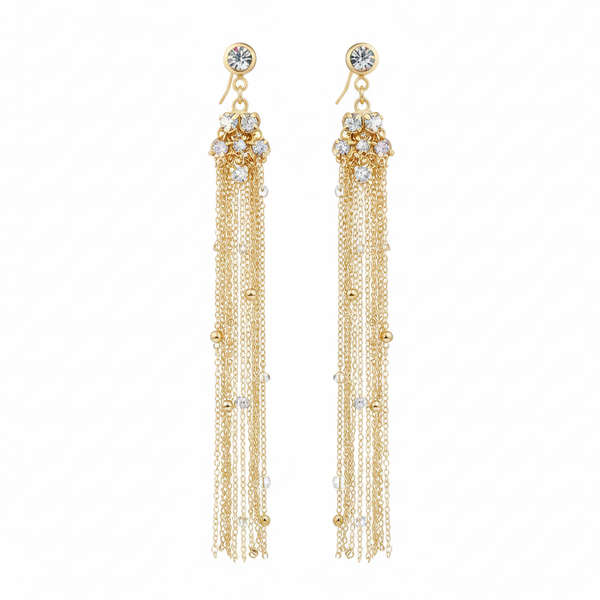 Gold Crystal Tassel Drop Earrings