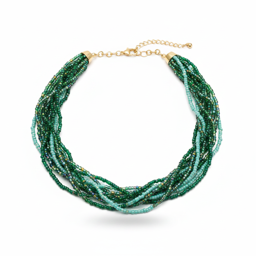 Green Multi-Strand Beaded Statement Necklace