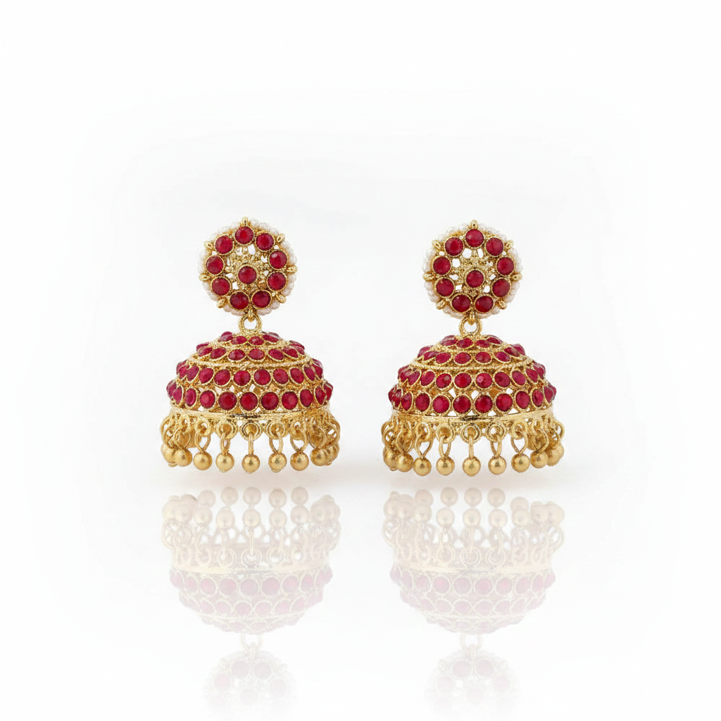 Red and Gold Traditional Jhumka Earrings