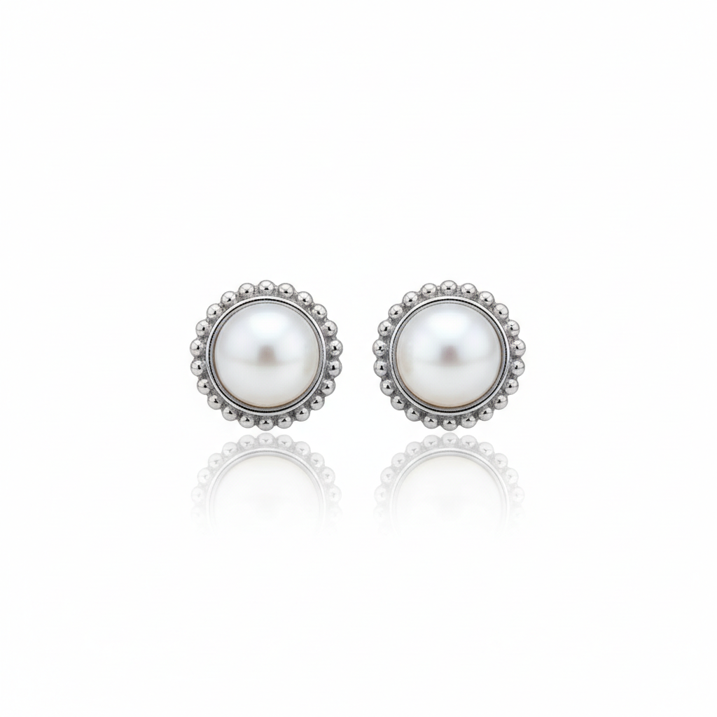Pearl Silver Halo Stud Earrings