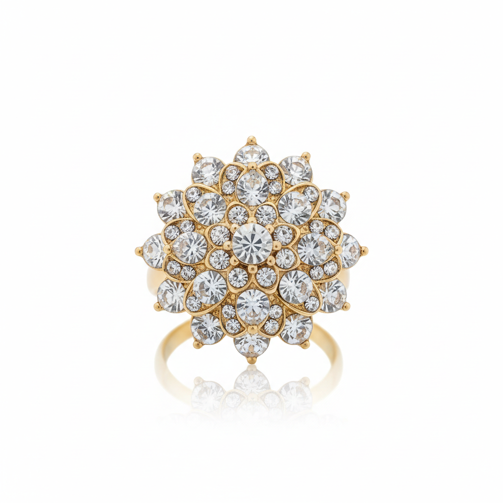 Gold Crystal Floral Cluster Statement Ring