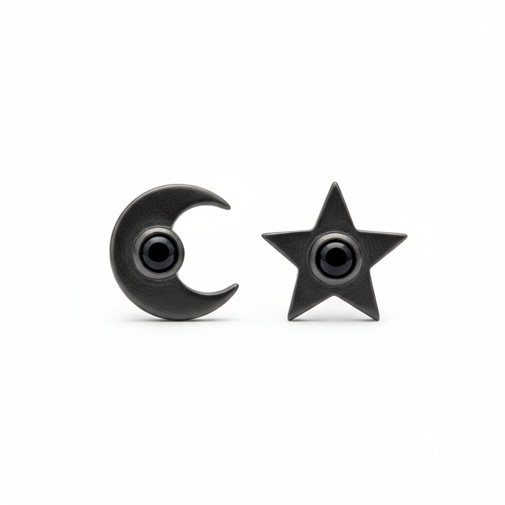 Black Moon and Star Mismatched Stud Earrings