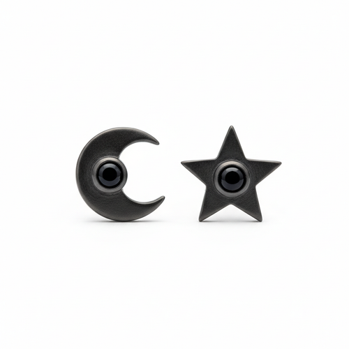Black Moon and Star Mismatched Stud Earrings