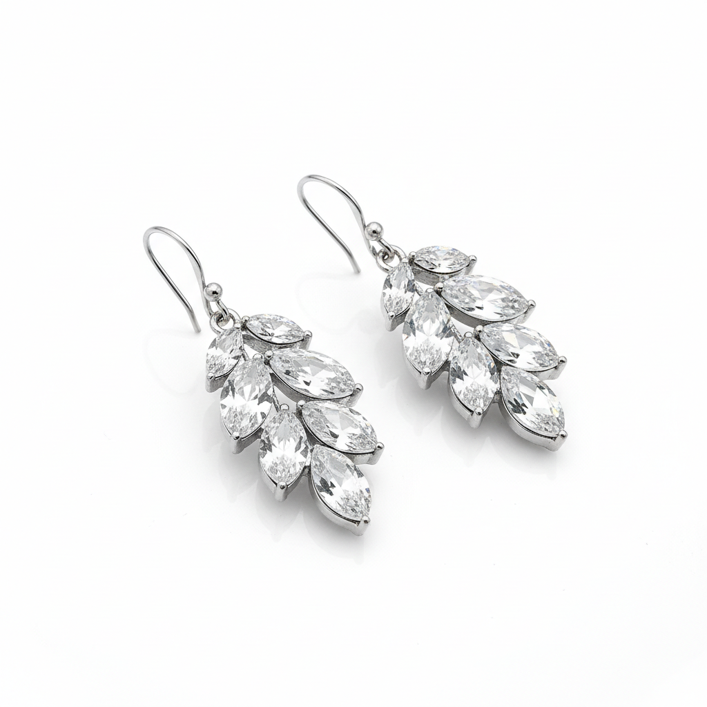 Silver Crystal Leaf Cluster Drop Earrings