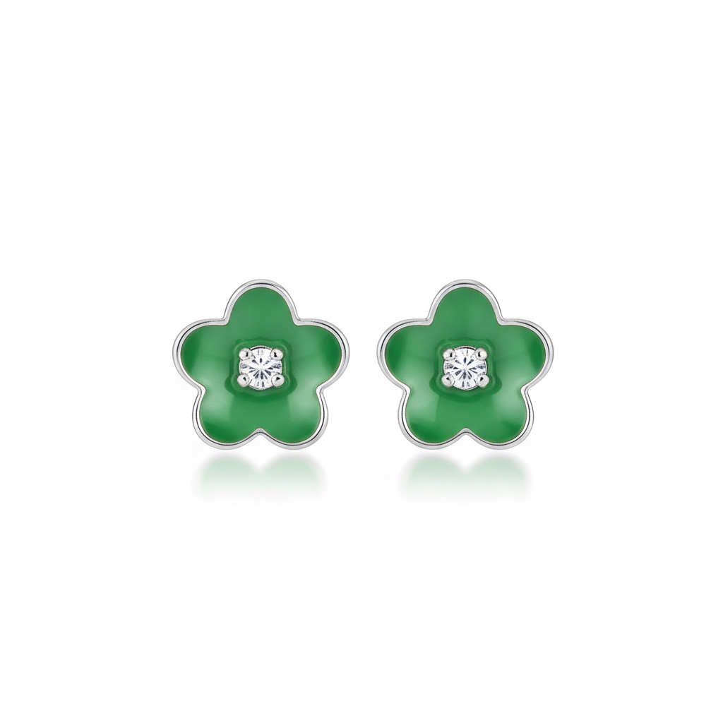 Green Enamel Flower Crystal Stud Earrings