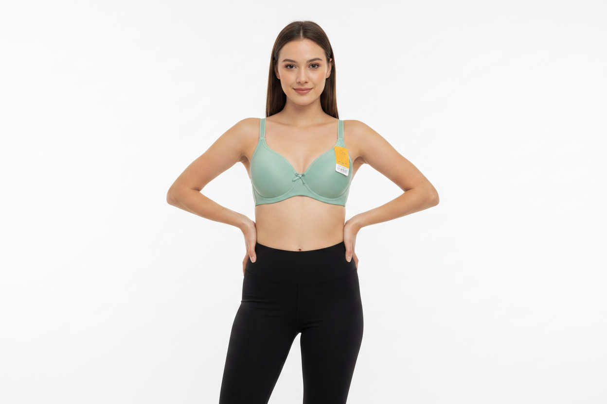 Sage green padded t-shirt bra worn by model – Safira Fashion