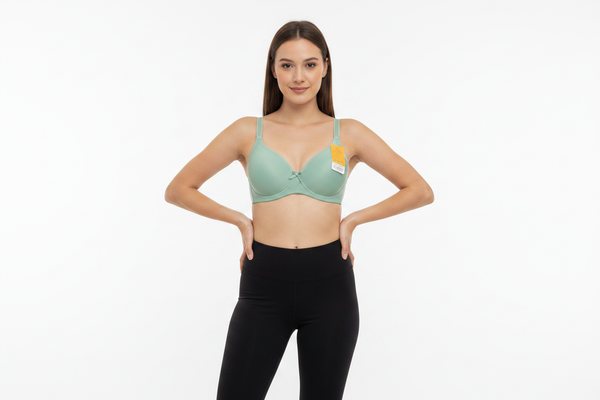 Sage green padded t-shirt bra worn by model – Safira Fashion