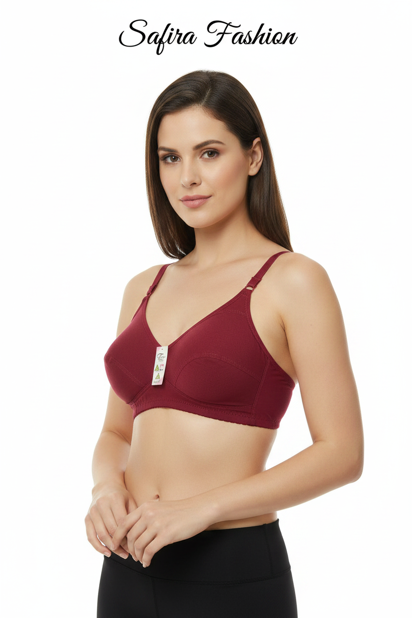 Dark red soft cup V-neck bra worn by model – Safira Fashion