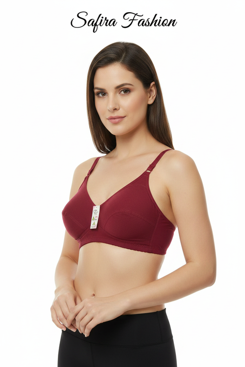 Dark red soft cup V-neck bra worn by model – Safira Fashion